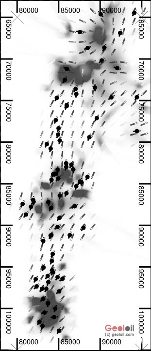 Black & white Stress turbulence heterogeneity map made with geoloil.com software.