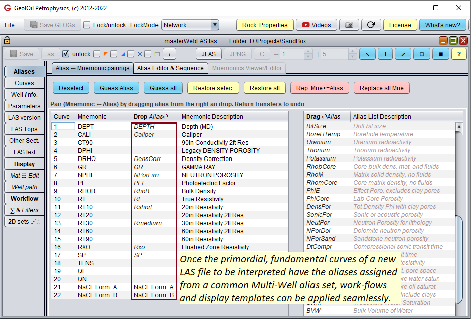 GeolOil alias-mnemonics pairings panel for primordial log curves