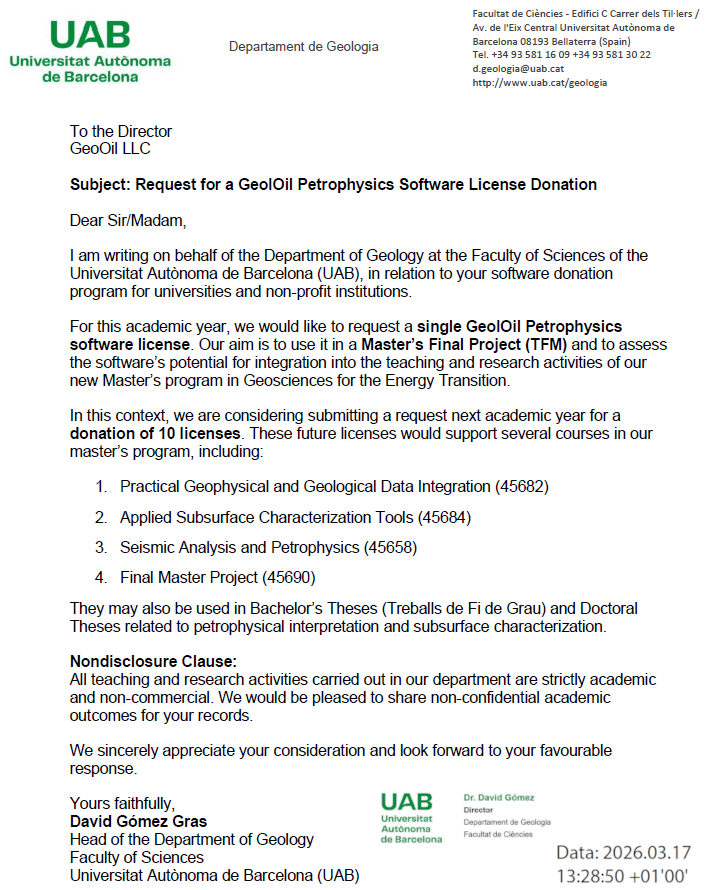 Example 1 of a letter to request a petrophysics GeolOil software donation.