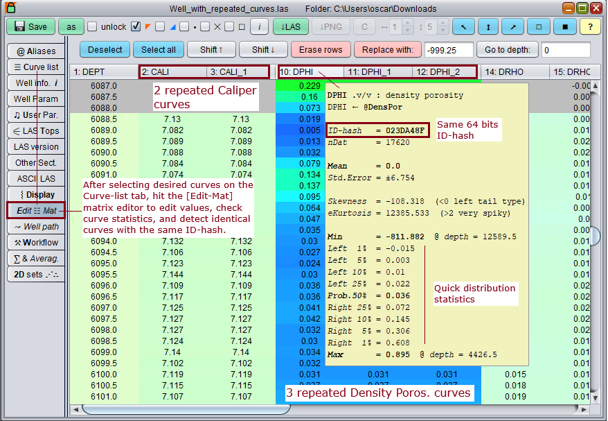 GeolOil uses a 64 bits curve hash to detect identical, repeated LAS file curves