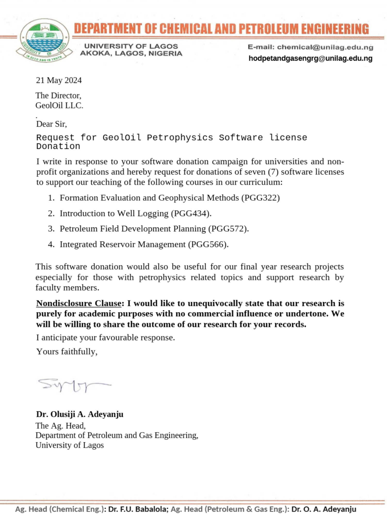 Example of a letter to request a petrophysics GeolOil software donation.