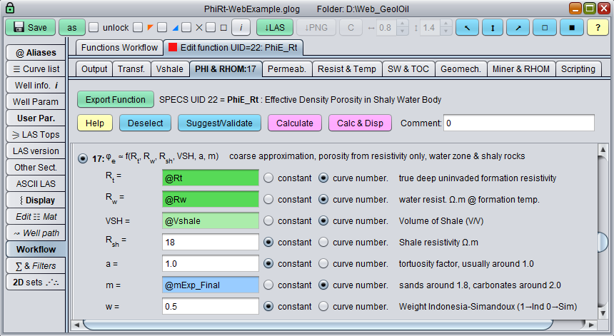 GeolOil Software calculation panel to estimate Effective Porosity from Resistivity in a Water Body.