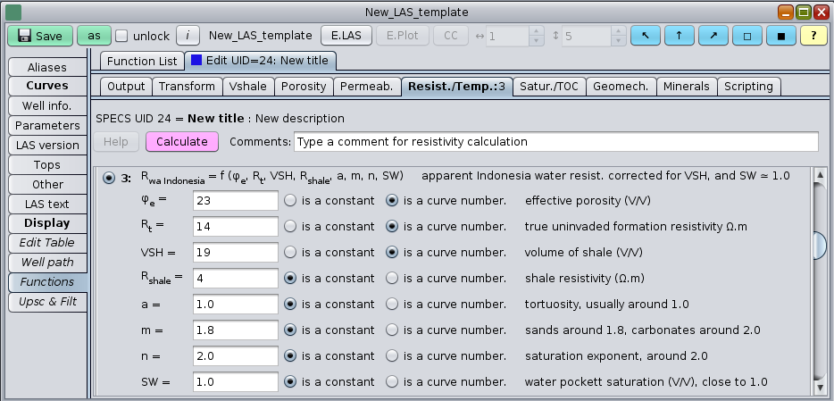 GeolOil panel to compute Apparent Water Resistivity Rwa corrected by Vshale by the Indonesia Equation