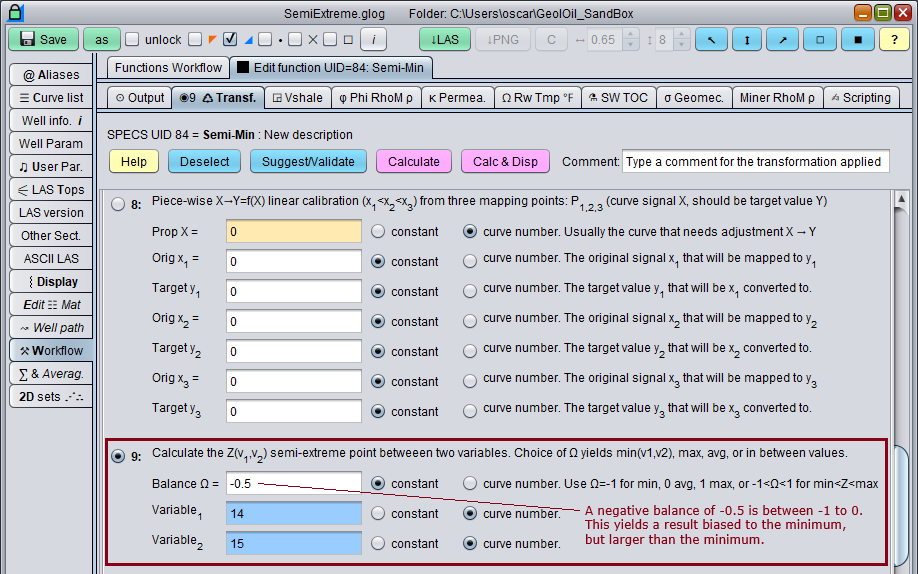 GeolOil workflow panel to compute semi-extremes between two curves