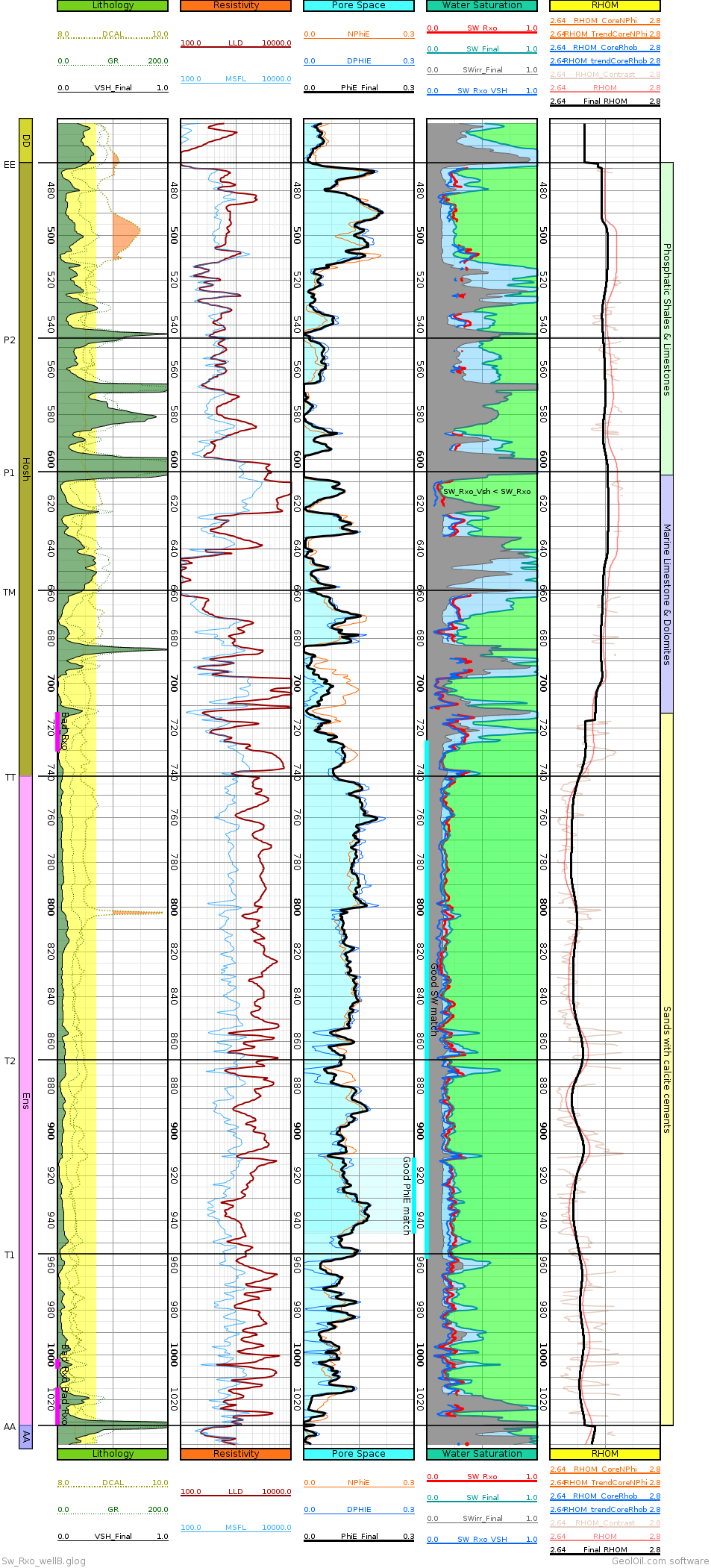 GeolOil software log plot of water saturation computed through SW ratio