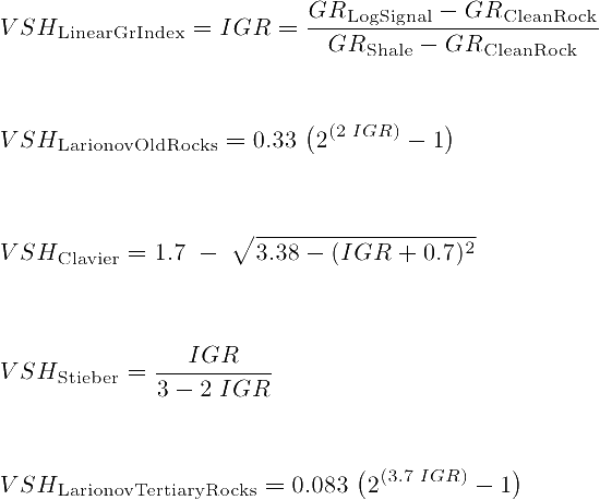 Equations to estimate VSHALE from Gamma Ray: Larionov, Clavier and Stieber models.