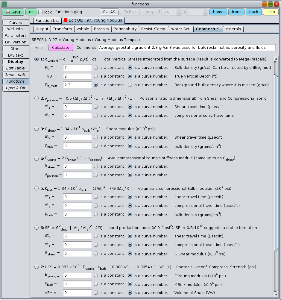 GeolOil log geomechanics functions panel