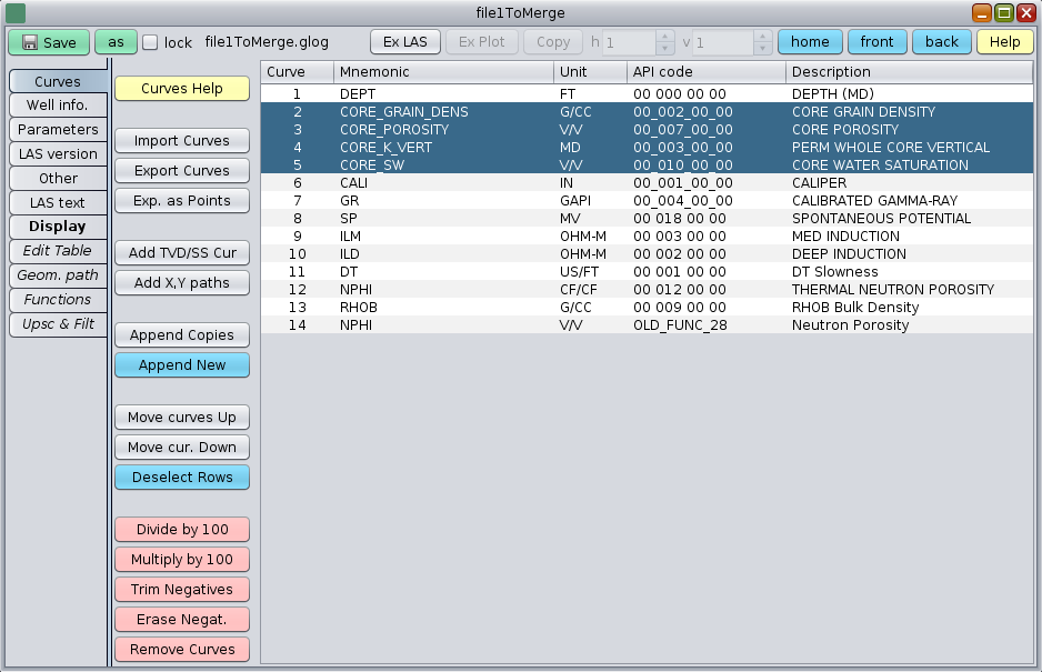 GeolOil panel to export core data from a LAS file