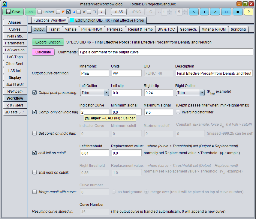 Panel to define the computed output curve