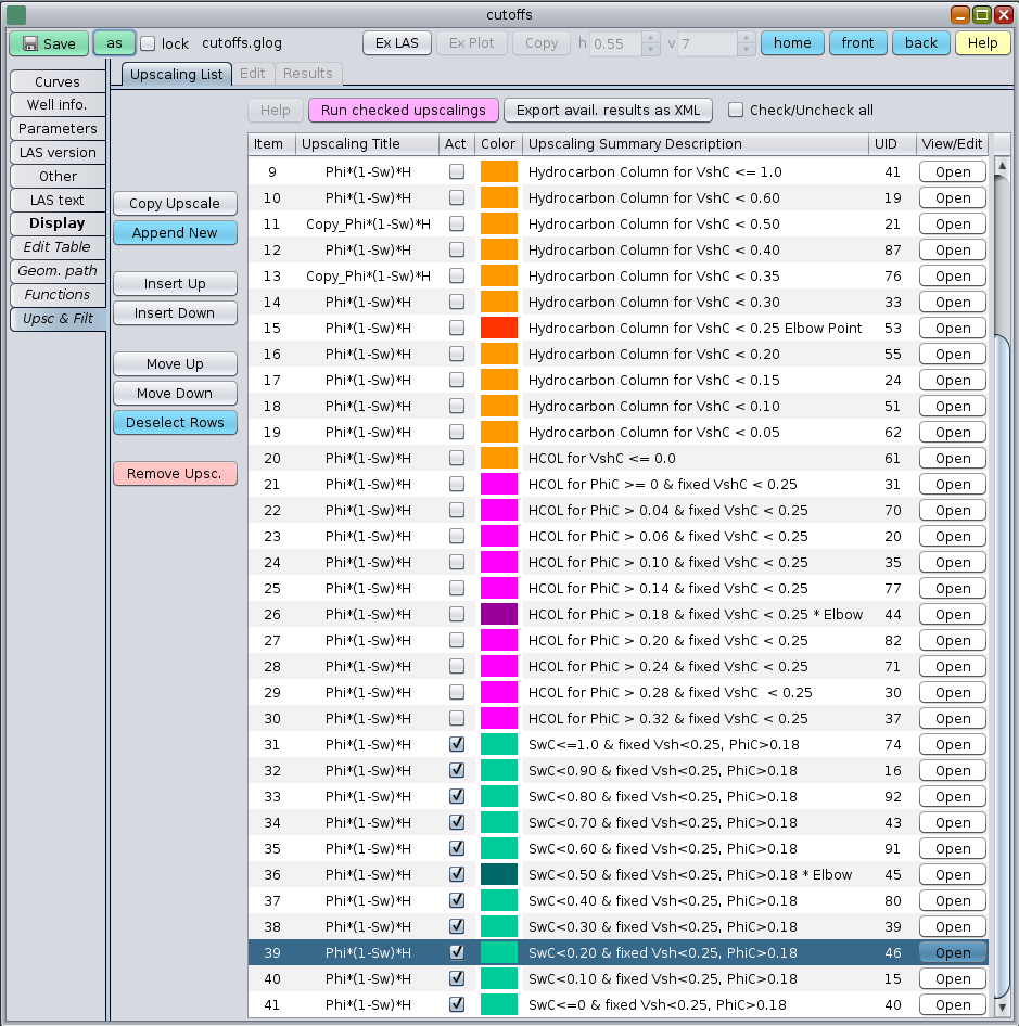 listing of calculations to determine cutoffs for Vshale, Porosity, and Water Saturation