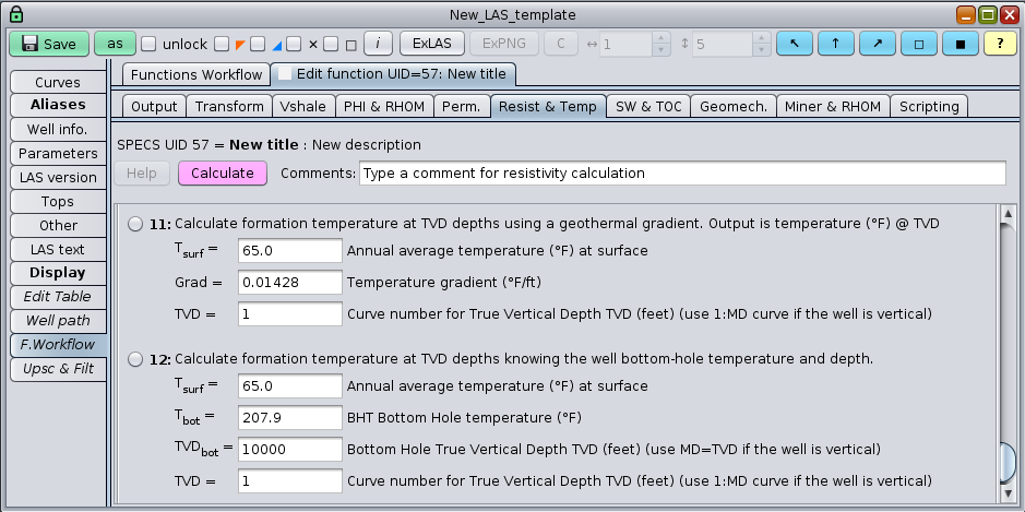 GeolOil software panel for depth to temperature conversions