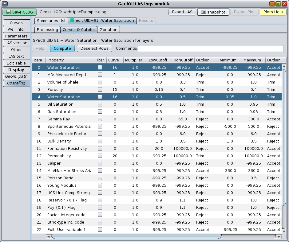 GeolOil panel of upscaling curves and cutoffs filters.
