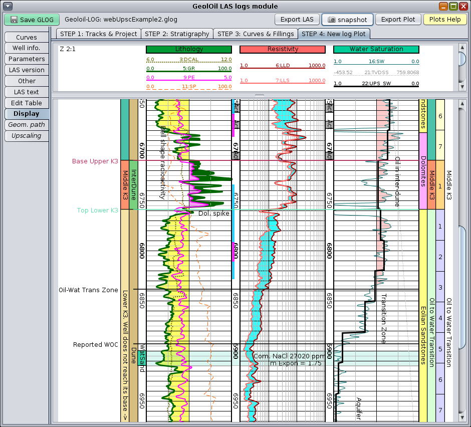 GeolOil plot of an uspcaled staircase steps style SW curve.