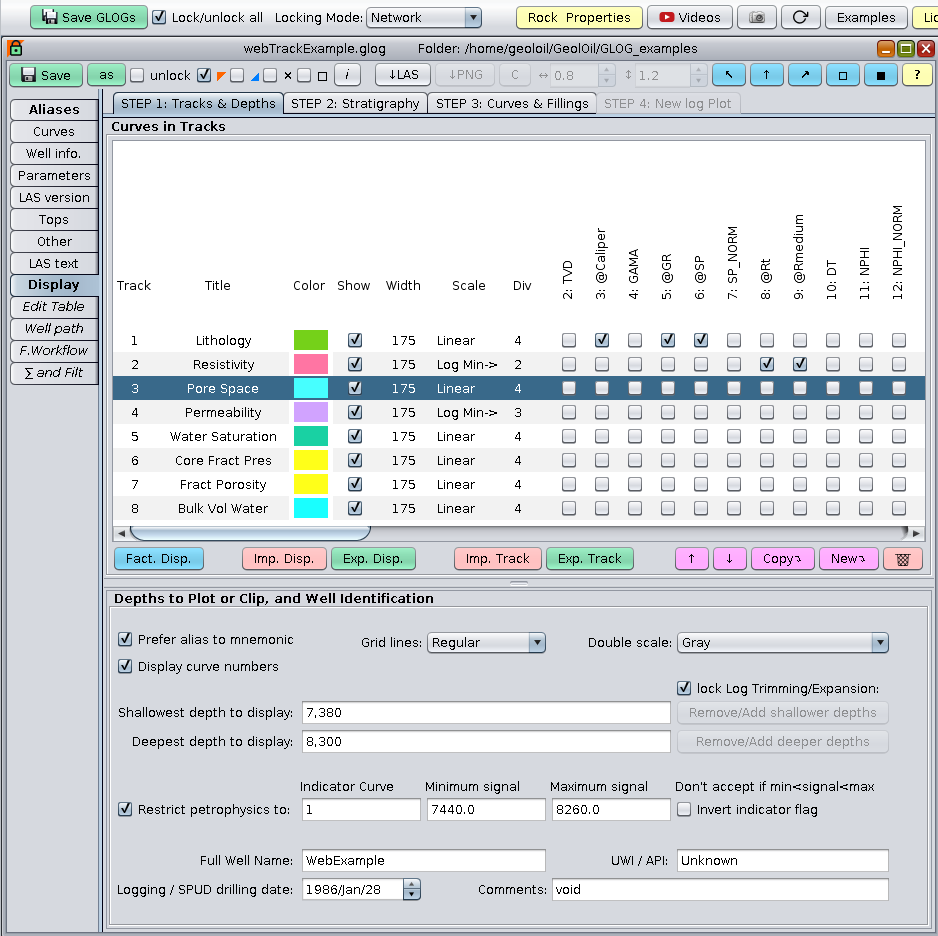 GeolOil panel to select tracks and curves to be displayed