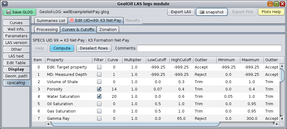 GeolOil curves and cutoffs panel for net-pay.