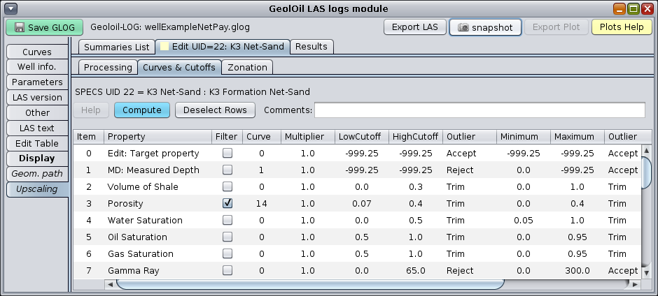 GeolOil curves and cutoffs panel for net-sand.