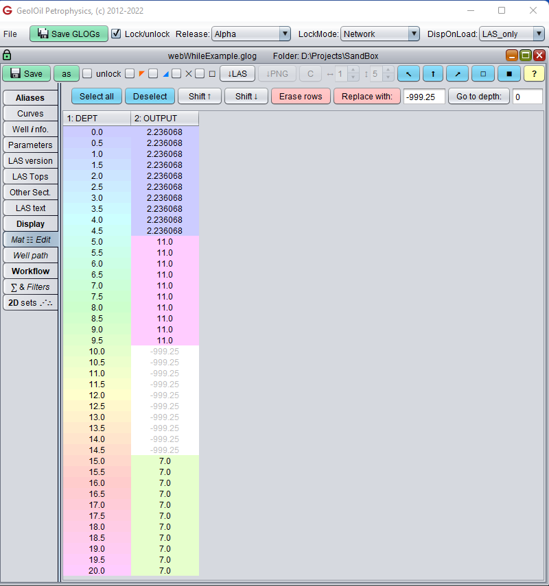 ASCII cells depth display output for an GLS script