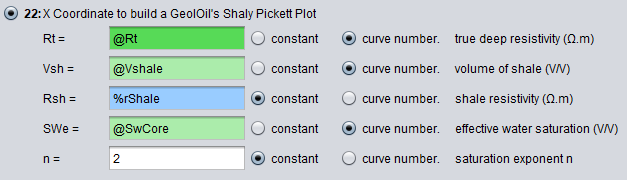 The computation Panel for the x-Coordinate of a GeolOil shaly Pickett-Plot
